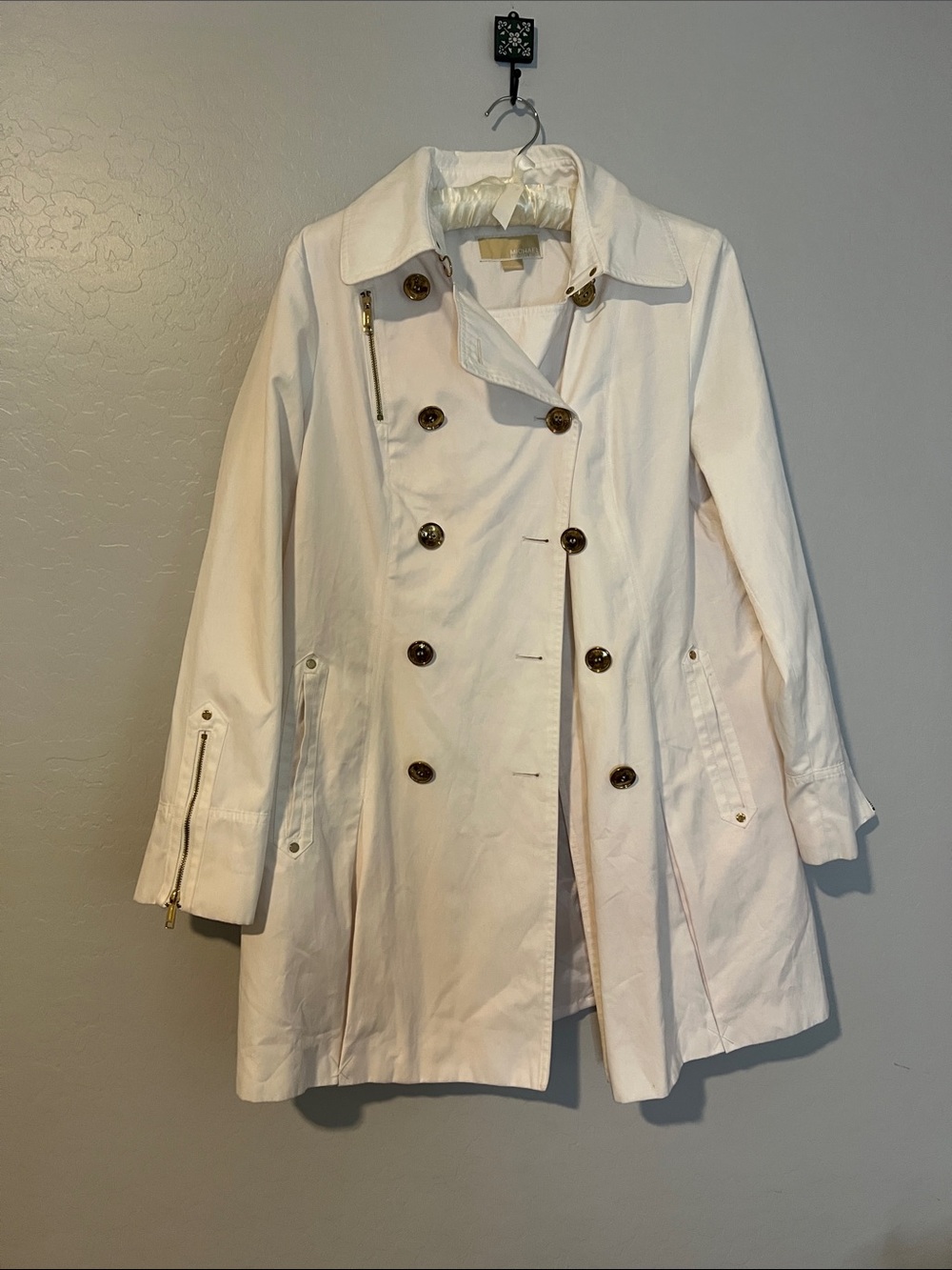 Michael Kors Cream Double-Breasted Trench Coat with Gold Hardware